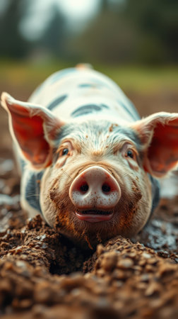 A piglet rolls in the mud on a bright, sunny dayの素材