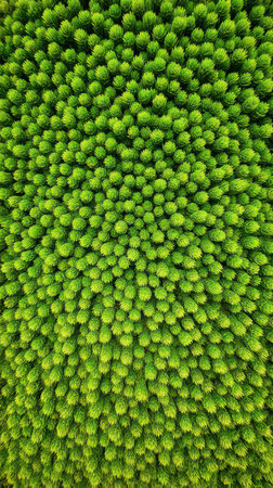 Aerial view reveals vibrant green wheat field during daytime harvestの素材