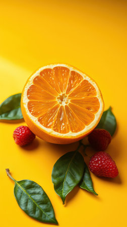 A half of an orange sits on a yellow surface with some leaves and a couple of red raspberriesの素材