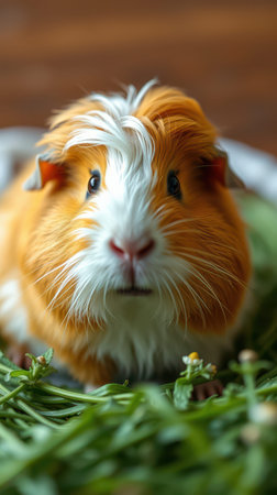 A guinea pig with white and orange fur looks at the camera while sitting in a patch of green grassの素材