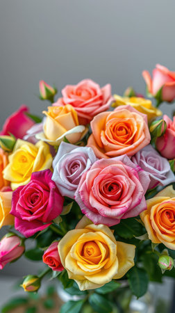 A bouquet of colorful roses sits on a table in front of a gray wallの素材