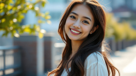 A woman smiles brightly while walking down the street on a sunny dayの素材