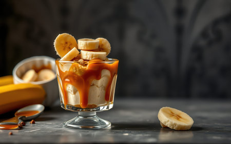 A glass dessert topped with banana slices and caramel sauce sits on a gray countertopの素材