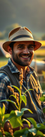 A man wearing a hat and plaid shirt smiles at the camera in a field at sunsetの素材