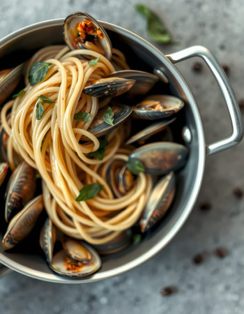 A close-up shot of a pot of spaghetti and clams, with fresh basil leaves scattered throughoutの素材