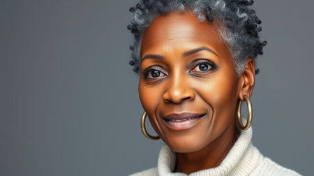 A woman with grey hair smiles while wearing a white sweater and large hoop earringsの素材