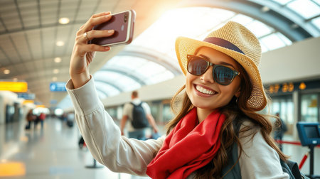A woman in a hat and sunglasses takes a selfie at the airportの素材
