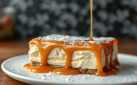 A square slice of cheesecake is drizzled with caramel sauce on a white plateの素材