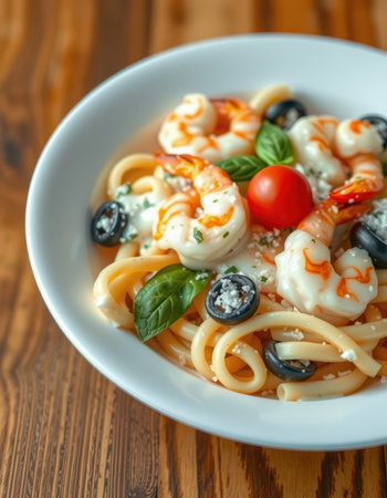 A white bowl filled with creamy shrimp pasta with black olives and a cherry tomato sits on a wooden tableの素材