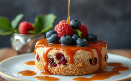 A small cheesecake topped with blueberries and raspberries is drizzled with caramelの素材