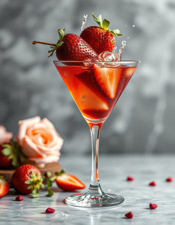 A martini glass filled with a red drink and topped with strawberries sits on a marble surfaceの素材