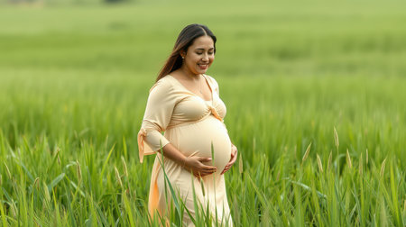 A pregnant woman smiles while standing in a field of tall grassの素材