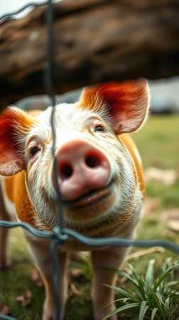 A pig looks curiously at the camera through a wire fence on a sunny afternoonの素材