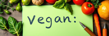 A green card with the word Vegan written on it surrounded by fresh produce and a penの素材
