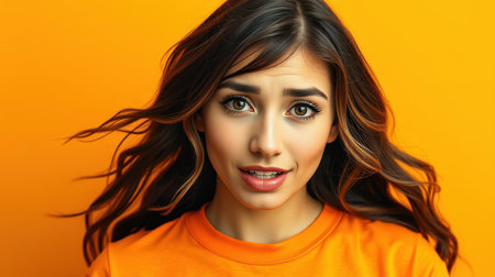 A woman with long brown hair smiles against a bright yellow backgroundの素材