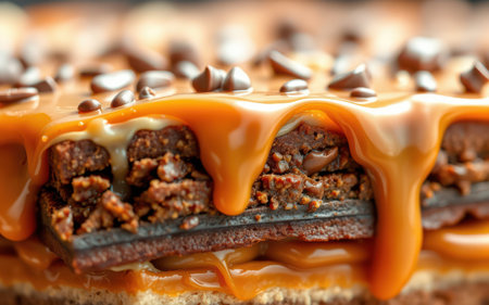 A close-up of a chocolate cake topped with caramel sauce and chocolate chipsの素材