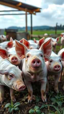 A group of piglets stand in a grassy field, looking up at the camera with playful curiosityの素材