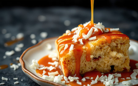 A slice of cake is drizzled with caramel sauce and topped with coconut flakes on a white plateの素材