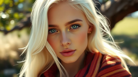 A woman with long blonde hair and blue eyes looks directly at the camera while wearing a striped sweaterの素材