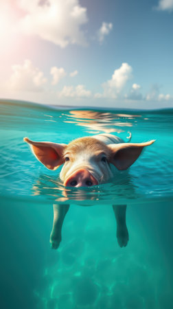 A pig swims in the clear blue water on a sunny dayの素材