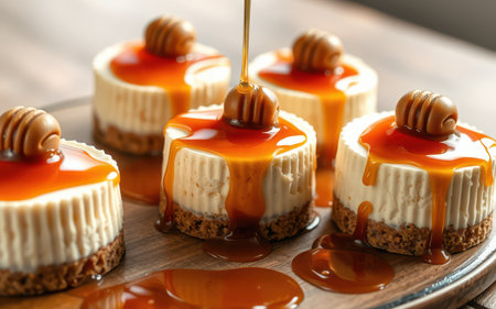 Mini cheesecakes topped with caramel sauce and a honeycomb candy are arranged on a wooden platterの素材