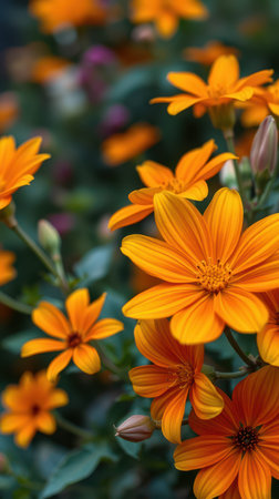 Orange flowers bloom in a garden on a sunny dayの素材