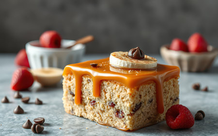 A piece of caramel-drizzled cake with a banana slice and chocolate chip topping sits on a grey surface with raspberries and chocolate chips nearbyの素材