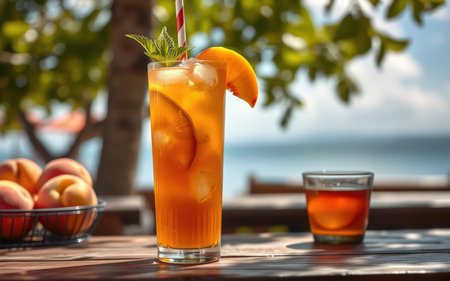 A tall glass of iced tea with a peach slice and mint garnish sits on a wooden table with a glass of iced tea beside itの素材