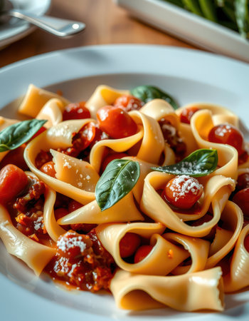 A plate of pasta with cherry tomatoes and basil, ready to eatの素材
