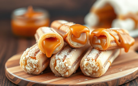 Caramel-filled pastries on a wooden board, ready for a sweet treatの素材
