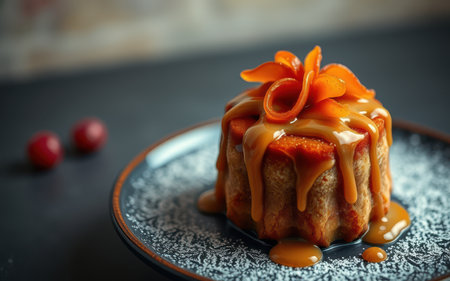 A close-up of a single serving of carrot cake topped with a caramel sauce and candied carrot garnishの素材