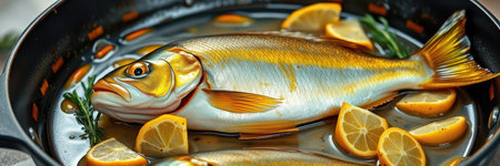 A whole fish is being prepared for cooking in a black pan with lemon slices and rosemary sprigsの素材