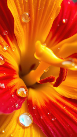 A close-up of a bright orange and red flower, with water droplets resting on its petalsの素材