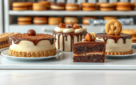 A close-up shot of three mini chocolate cakes with caramel filling and a chocolate cookie on top, sitting on a white trayの素材