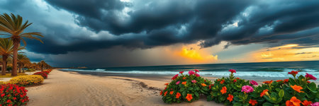 Palm trees line the beach, where dark clouds hover above a beautiful sunsetの素材