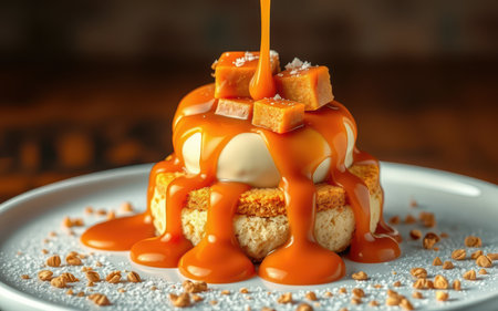 Caramel sauce is drizzled over a layered dessert with caramels on topの素材