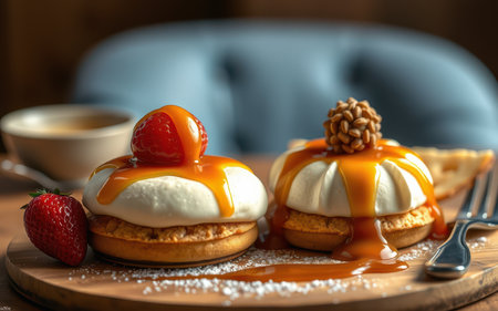 Two decadent desserts topped with caramel and fresh strawberries sit on a wooden plate, ready to satisfy any sweet toothの素材