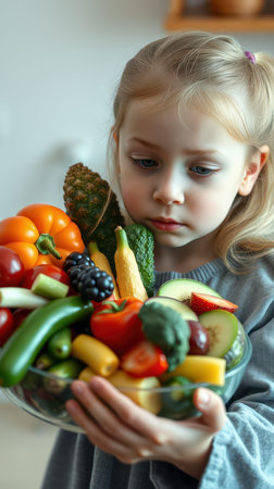 A young girl holds a bowl of fresh fruits and vegetables, looking thoughtfully at the bountyの素材
