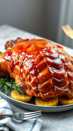 A roasted duck, glazed with a sweet and savory sauce, is served on a plate with pineapple slices and rosemaryの素材