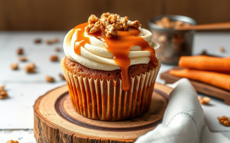 A single carrot cupcake topped with cream cheese frosting and a caramel drizzle sits on a wooden sliceの素材