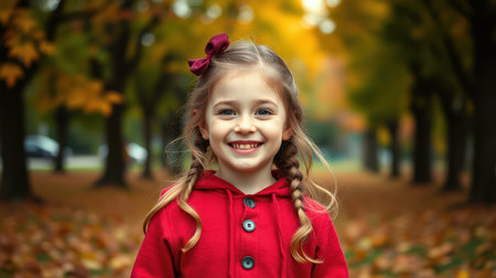 A young girl smiles brightly in a red sweater as she stands in an autumnal parkの素材