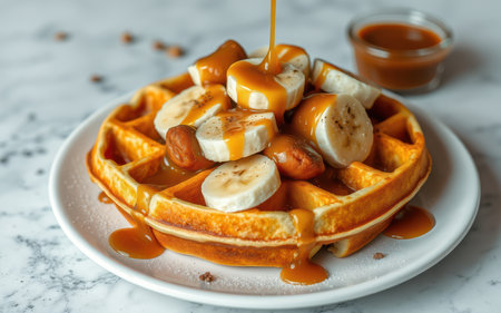 A waffle topped with banana slices and caramel sauce is ready to be devouredの素材