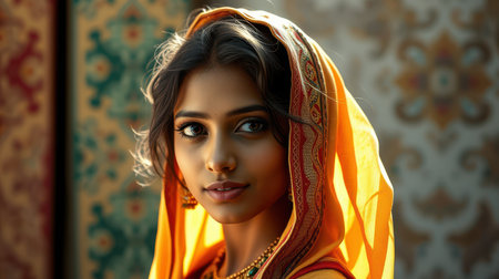 A woman with long, dark hair wears a vibrant orange headscarf in front of a patterned wallの素材