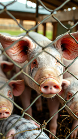 A piglet looks through a wire fence at a farmの素材