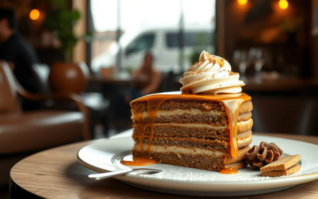 A slice of caramel cake with whipped cream sits on a plate in a cafeの素材
