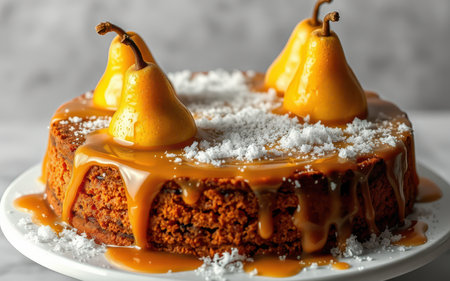 A close-up of a pear cake with caramel and powdered sugarの素材