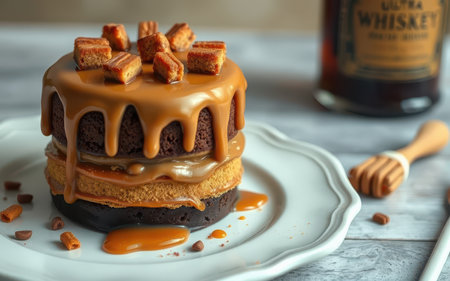 A small, two-layer chocolate cake with caramel frosting and toppings on a white plateの素材