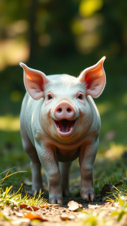 A piglet stands on a path in a forest, looking directly at the camera with a big smileの素材