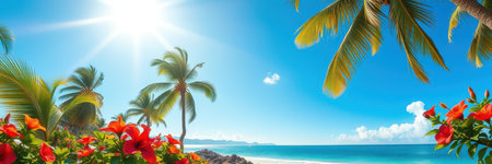 A sunny day at the beach, with palm trees swaying in the breeze and red flowers blooming in the foregroundの素材