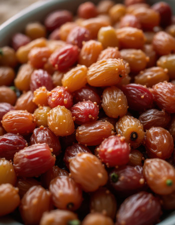 A bowl of golden and red dried dates, ready to be enjoyedの素材
